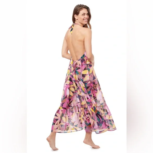 Profile by Gottex XL Pink Floral Gioa Mesh Swim Cover Up Halter Maxi Dress NEW - Picture 4 of 11
